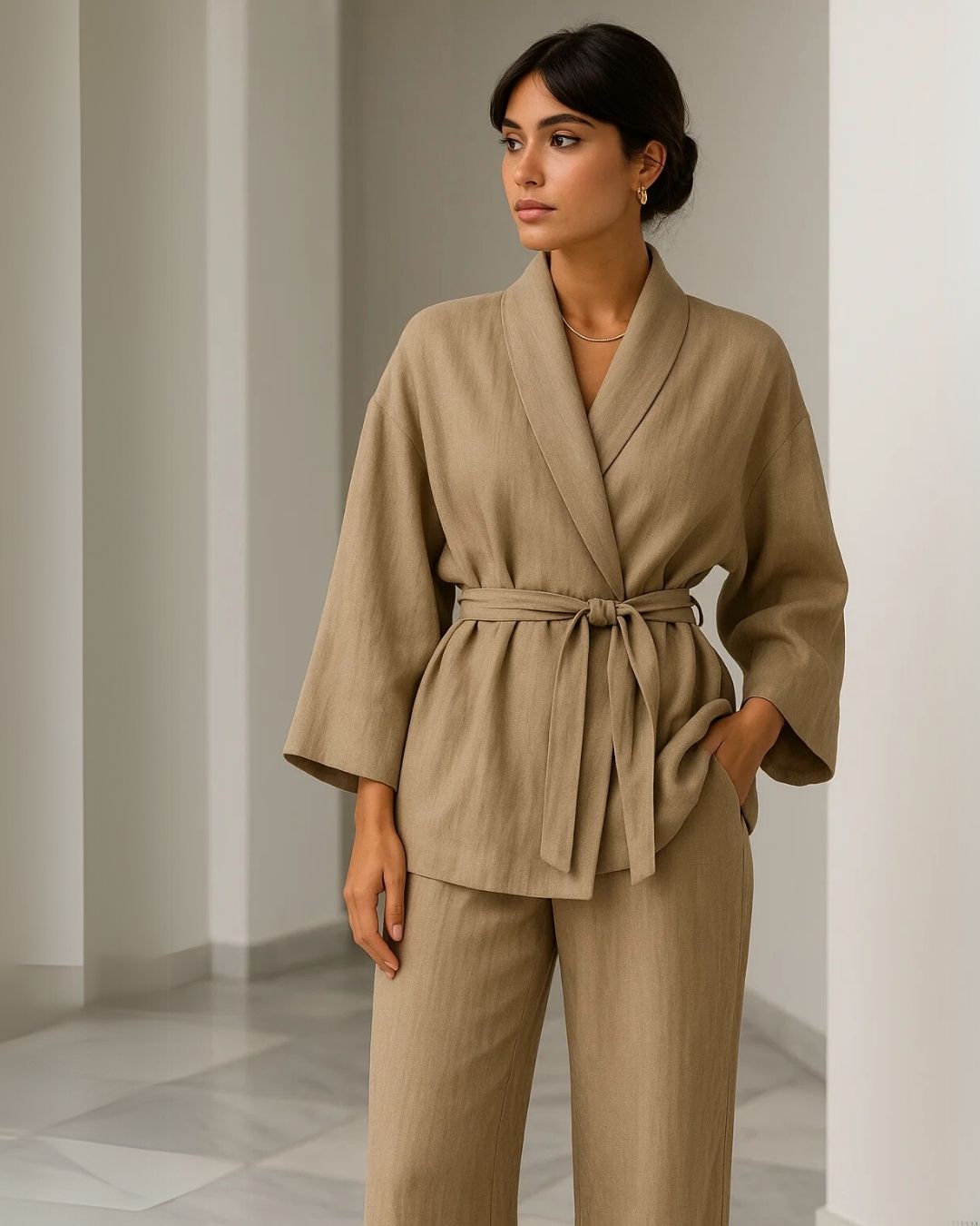 Zweiteiliges Leinenmix-Set mit Kimono-Blazer | Beige