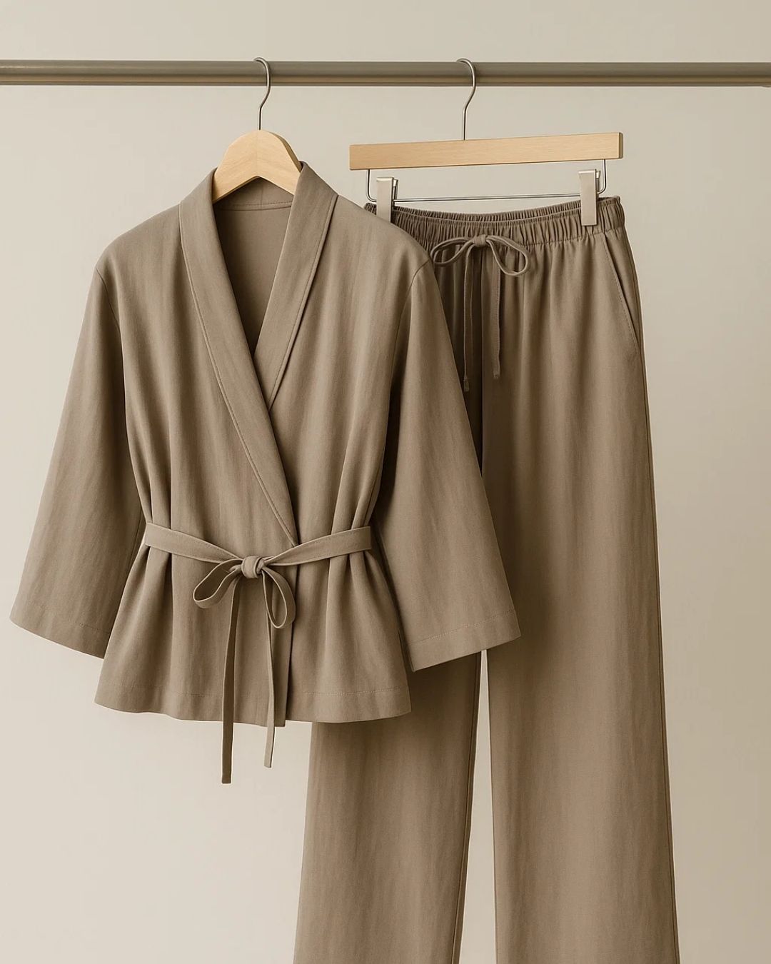 Zweiteiliges Leinenmix-Set mit Kimono-Blazer | Beige
