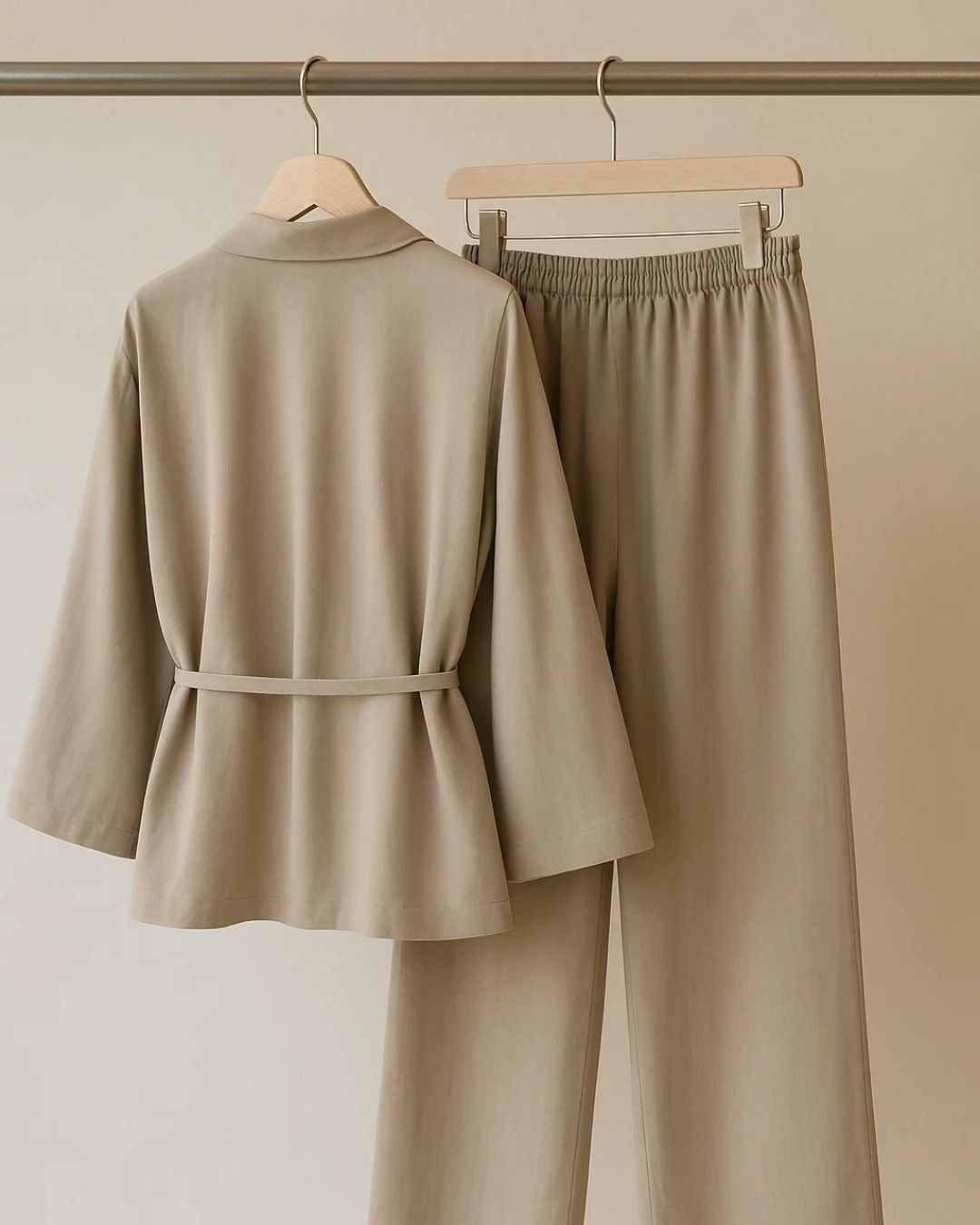 Zweiteiliges Leinenmix-Set mit Kimono-Blazer | Beige