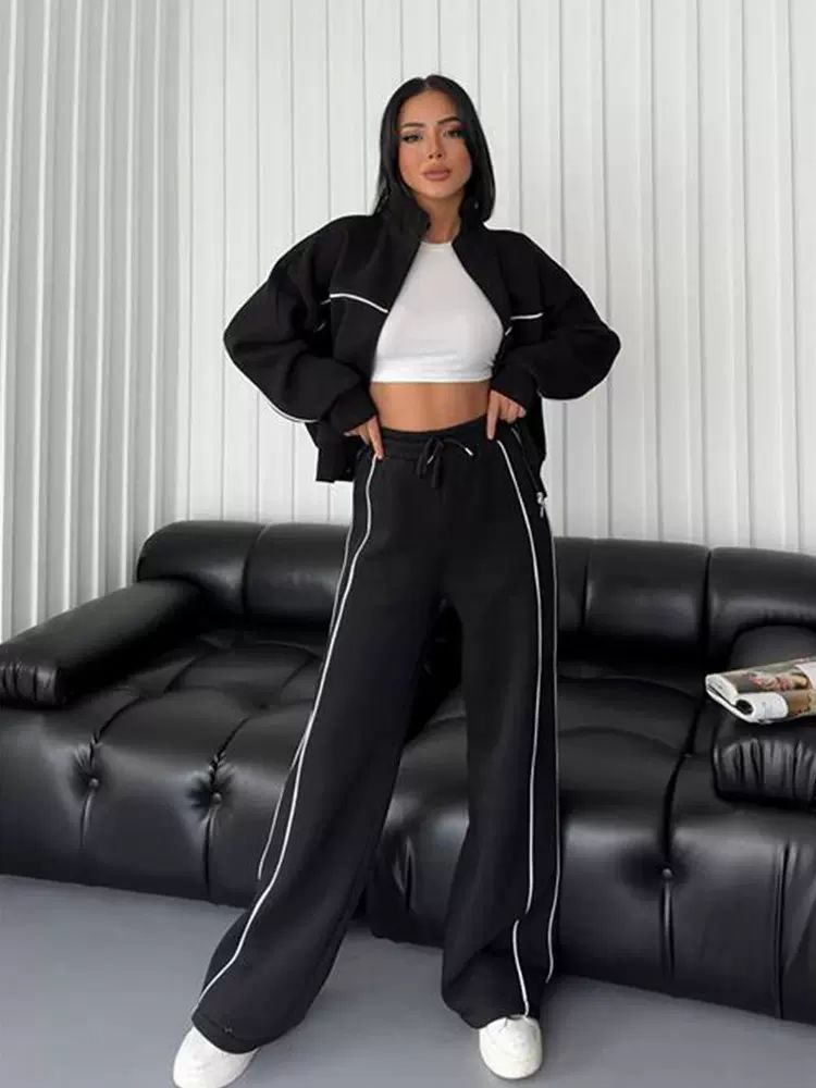 Rollkragen-Streifen-Top & Weite-Hosen 2-Teiler-Set