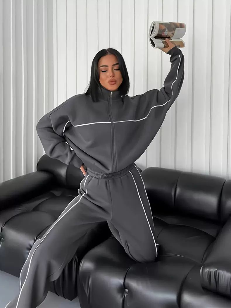 Rollkragen-Streifen-Top & Weite-Hosen 2-Teiler-Set