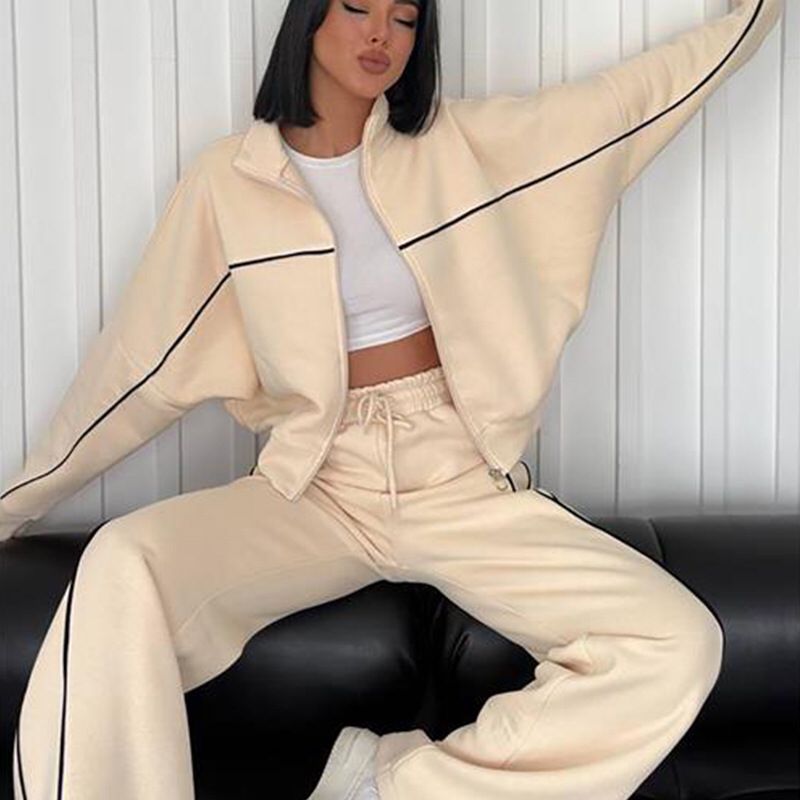 Rollkragen-Streifen-Top & Weite-Hosen 2-Teiler-Set