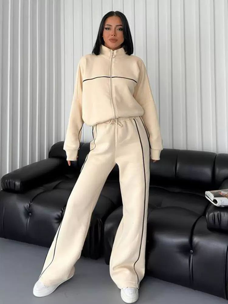 Rollkragen-Streifen-Top & Weite-Hosen 2-Teiler-Set